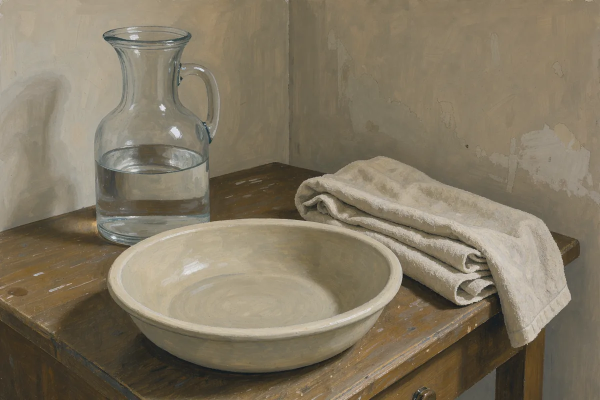 Gouache still life of a ceramic basin, water carafe and folded towel