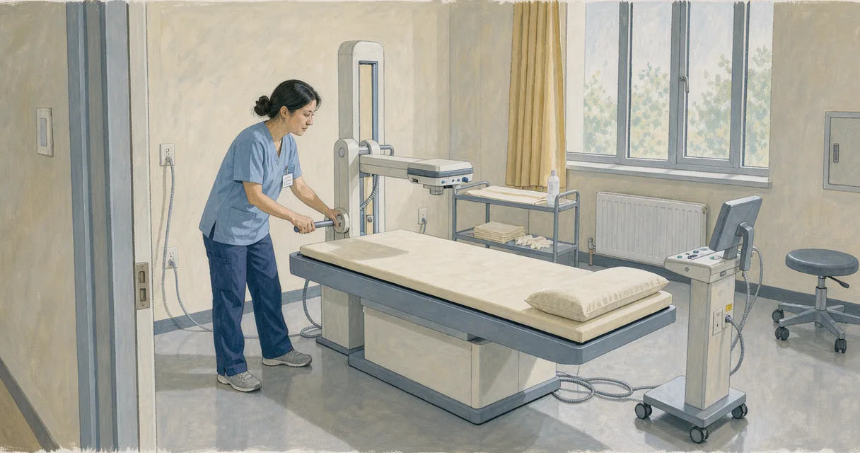 Gouache scene of a technician beside a body-composition scanner and an empty examination table
