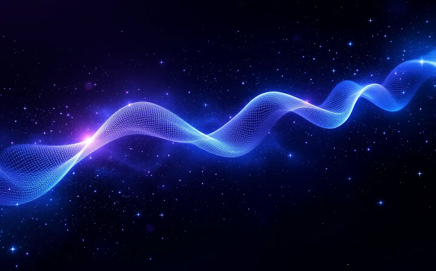 Abstract cosmic-violet peptide chain dissolving into a starlight-blue constellation of data points on a deep-indigo void