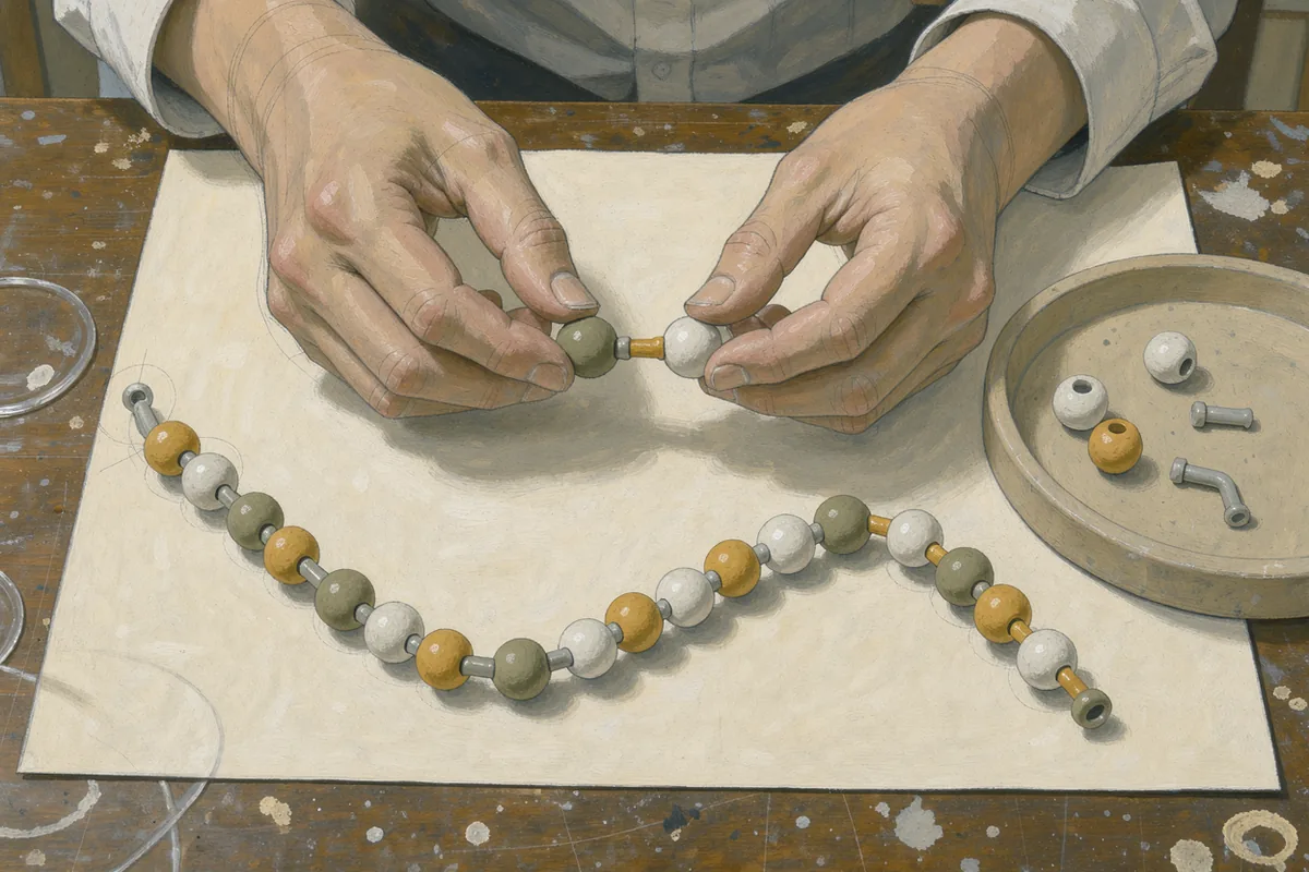 Painted hands assembling a flexible bead model at a chemistry workbench