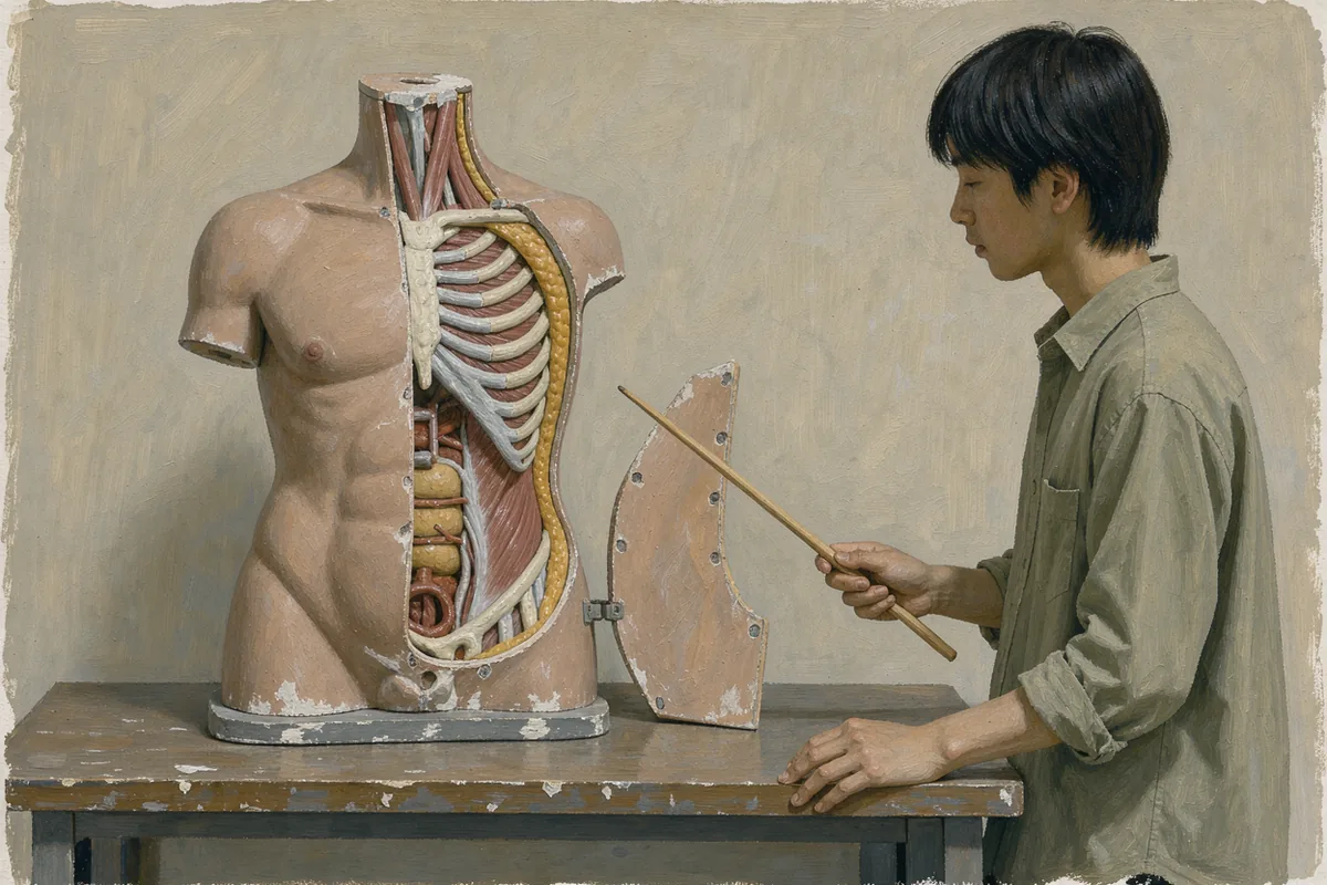 Painted anatomical teaching model with ochre fat and muted rose muscle sections