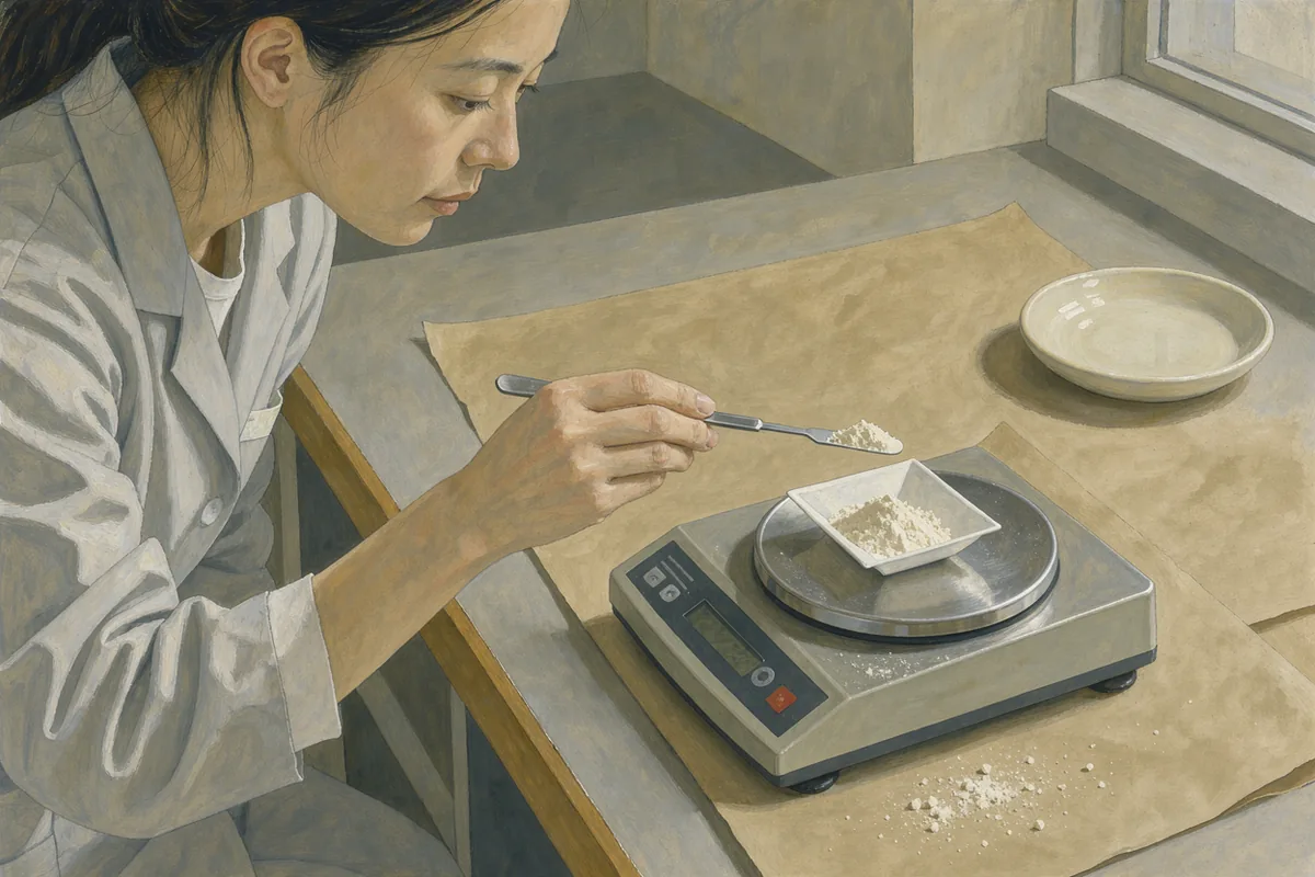 Illustrated formulation technician using a balance and a small metal spatula